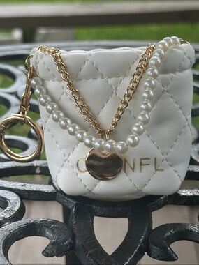 White Quilted Mini Bag Charm with Gold & Pearl Accents